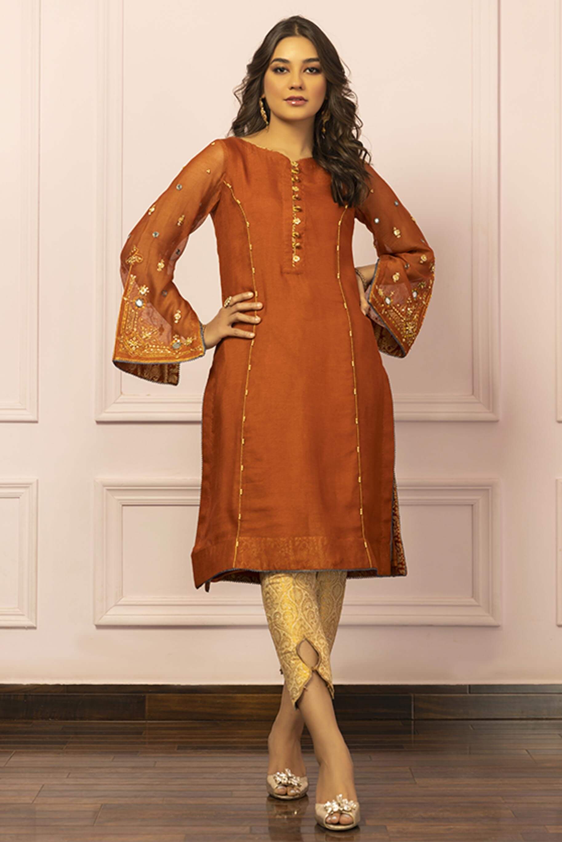 Tangerine Mirror & Gota Jacquard Salwar Kameez (2-Piece) - Image 2