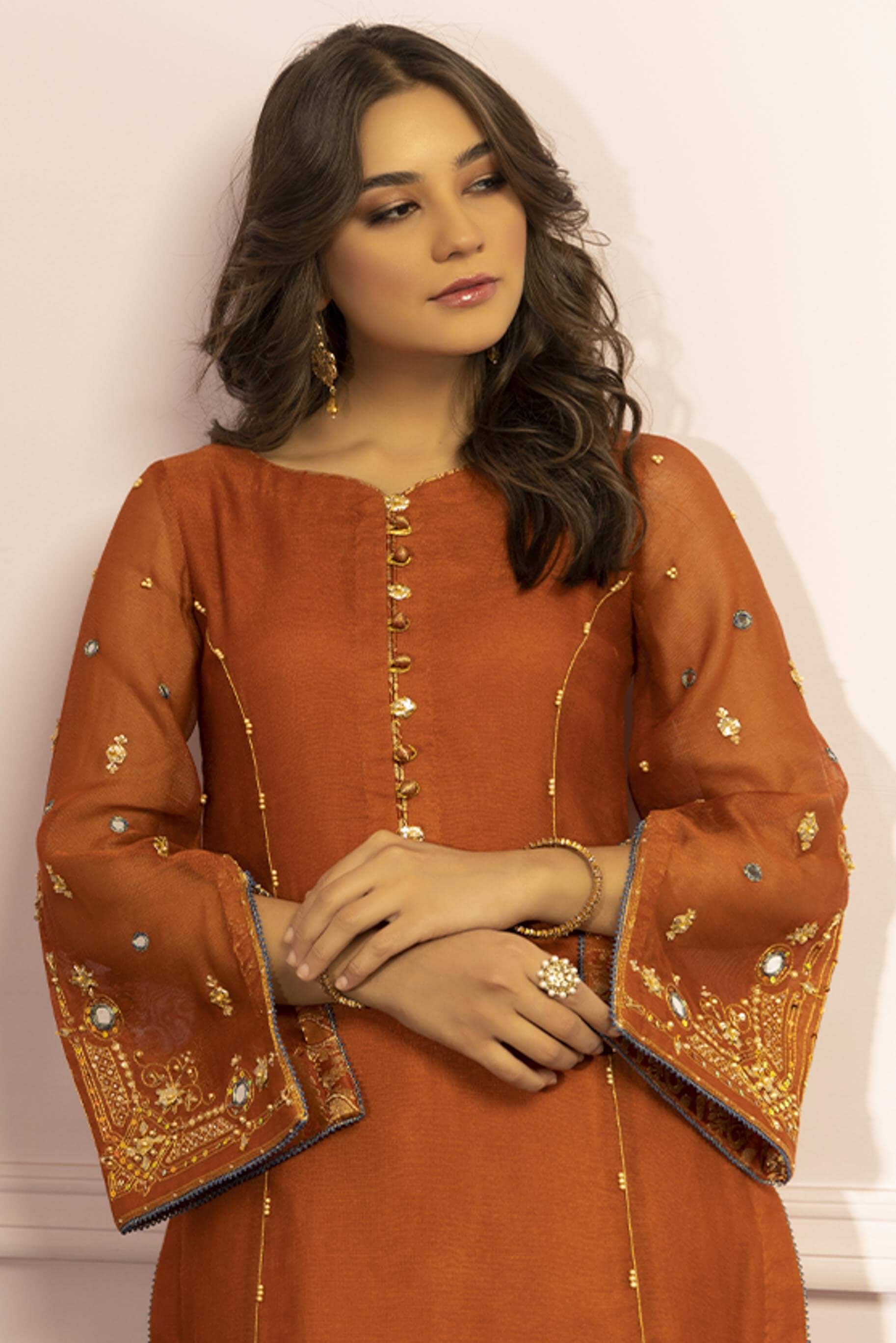 Tangerine Mirror & Gota Jacquard Salwar Kameez (2-Piece) - Image 3