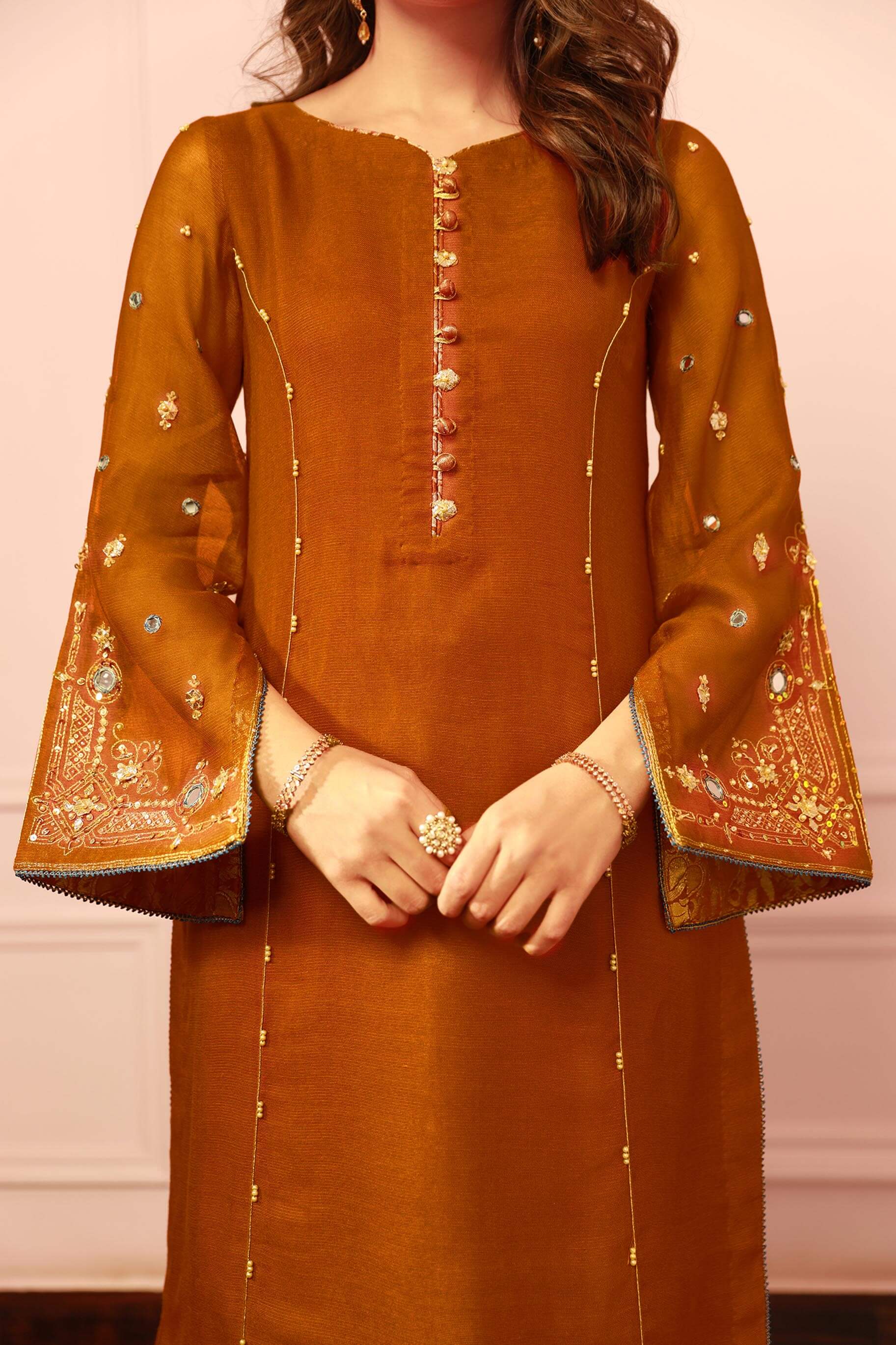 Tangerine Mirror & Gota Jacquard Salwar Kameez (2-Piece) - Image 4