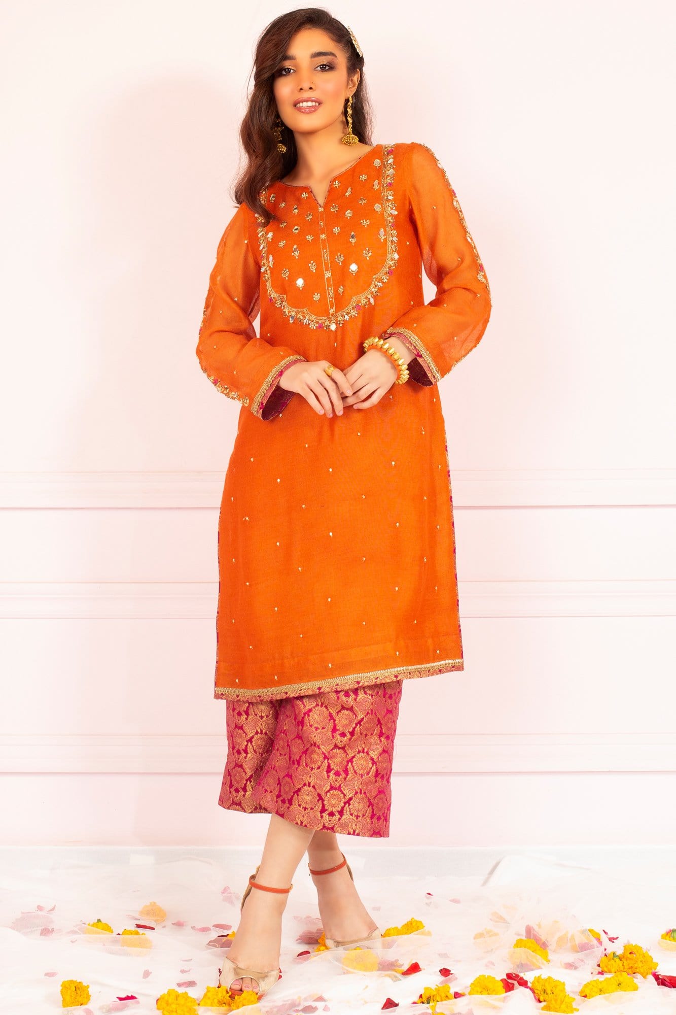 Orange Zardozi Resham Khaddi Net Salwar Kameez (3-Piece) - Image 2