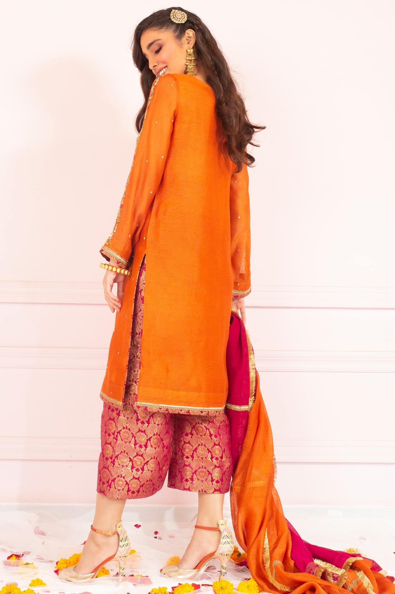 Orange Zardozi Resham Khaddi Net Salwar Kameez (3-Piece) - Image 3