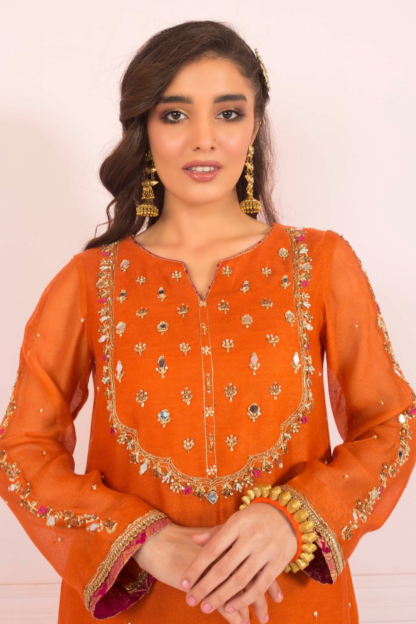 Orange Zardozi Resham Khaddi Net Salwar Kameez (3-Piece) - Image 4
