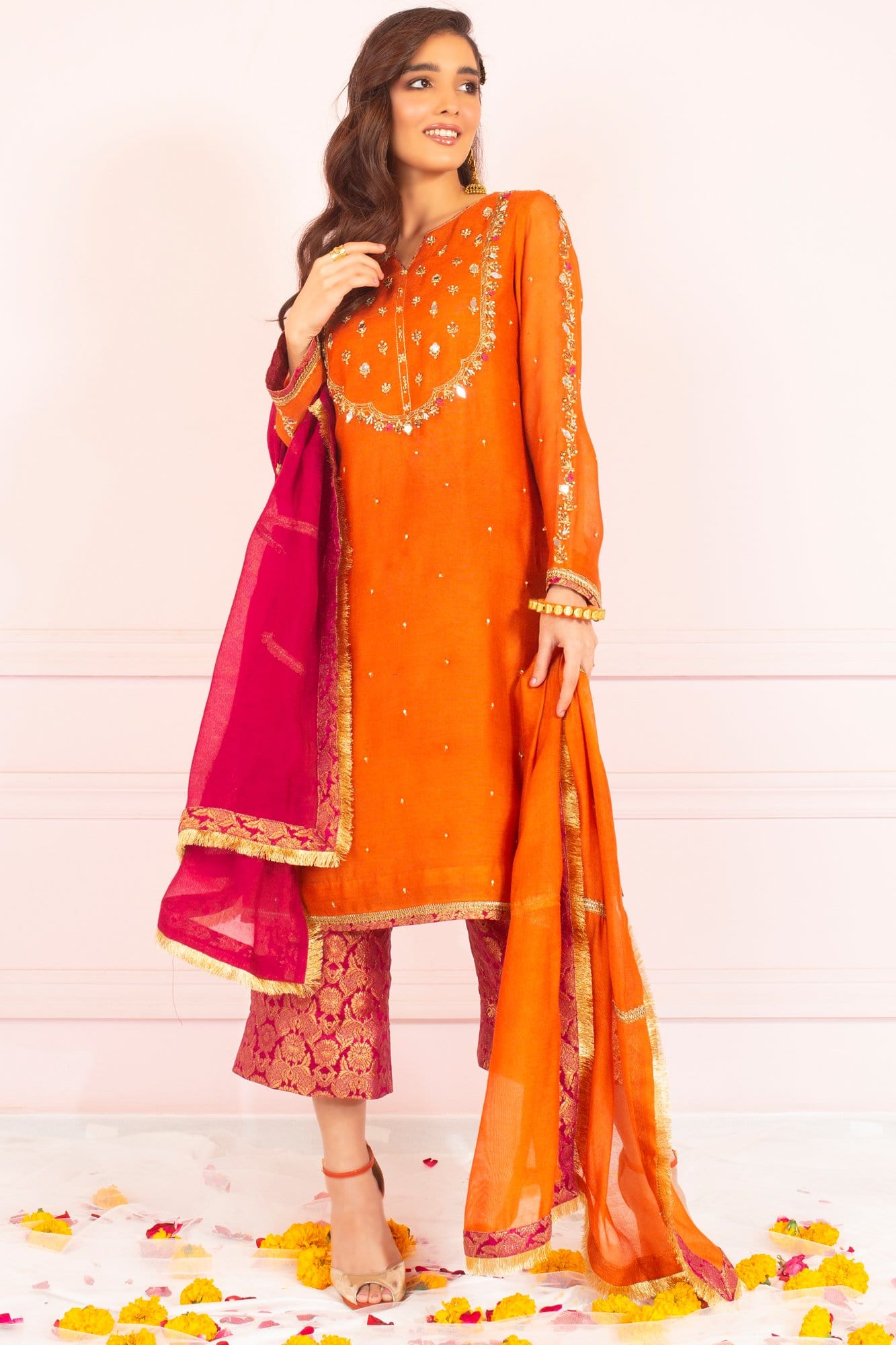 Orange Zardozi Resham Khaddi Net Salwar Kameez (3-Piece) - Image 5
