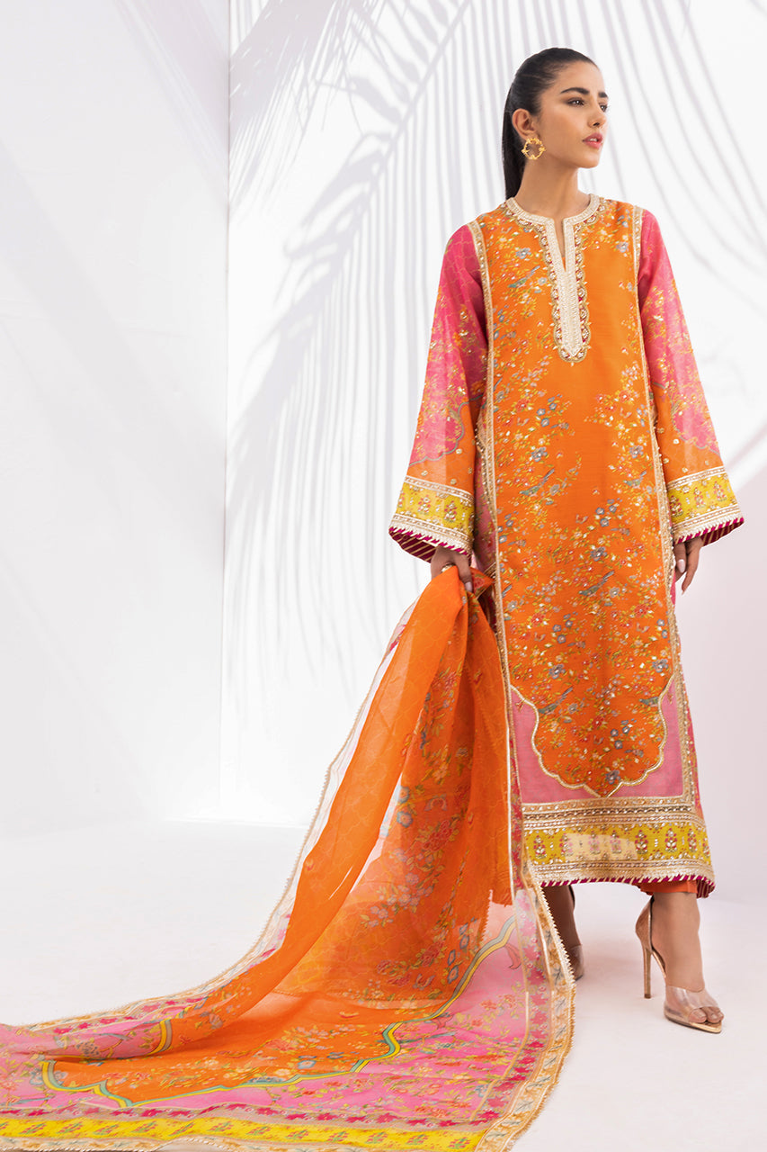 Tangerine Gota Embellished Khaddi Silk Kurta (3-Piece) - Image 1