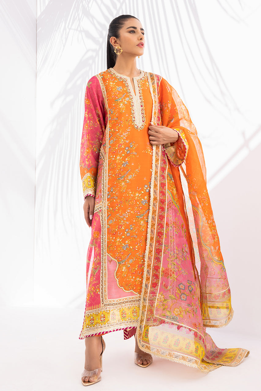 Tangerine Gota Embellished Khaddi Silk Kurta (3-Piece) - Image 2