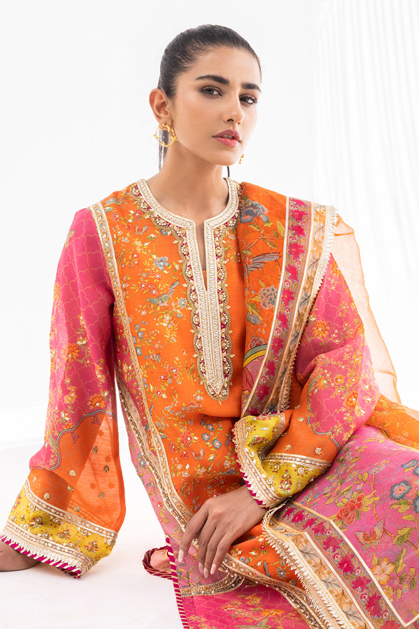 Tangerine Gota Embellished Khaddi Silk Kurta (3-Piece) - Image 3