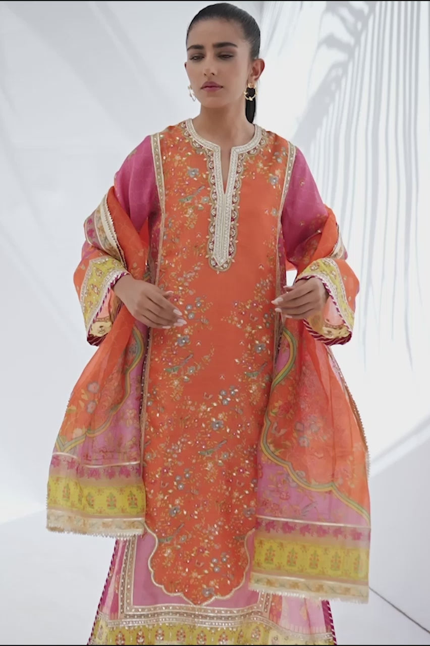 Tangerine Gota Embellished Khaddi Silk Kurta (3-Piece) - Image 4