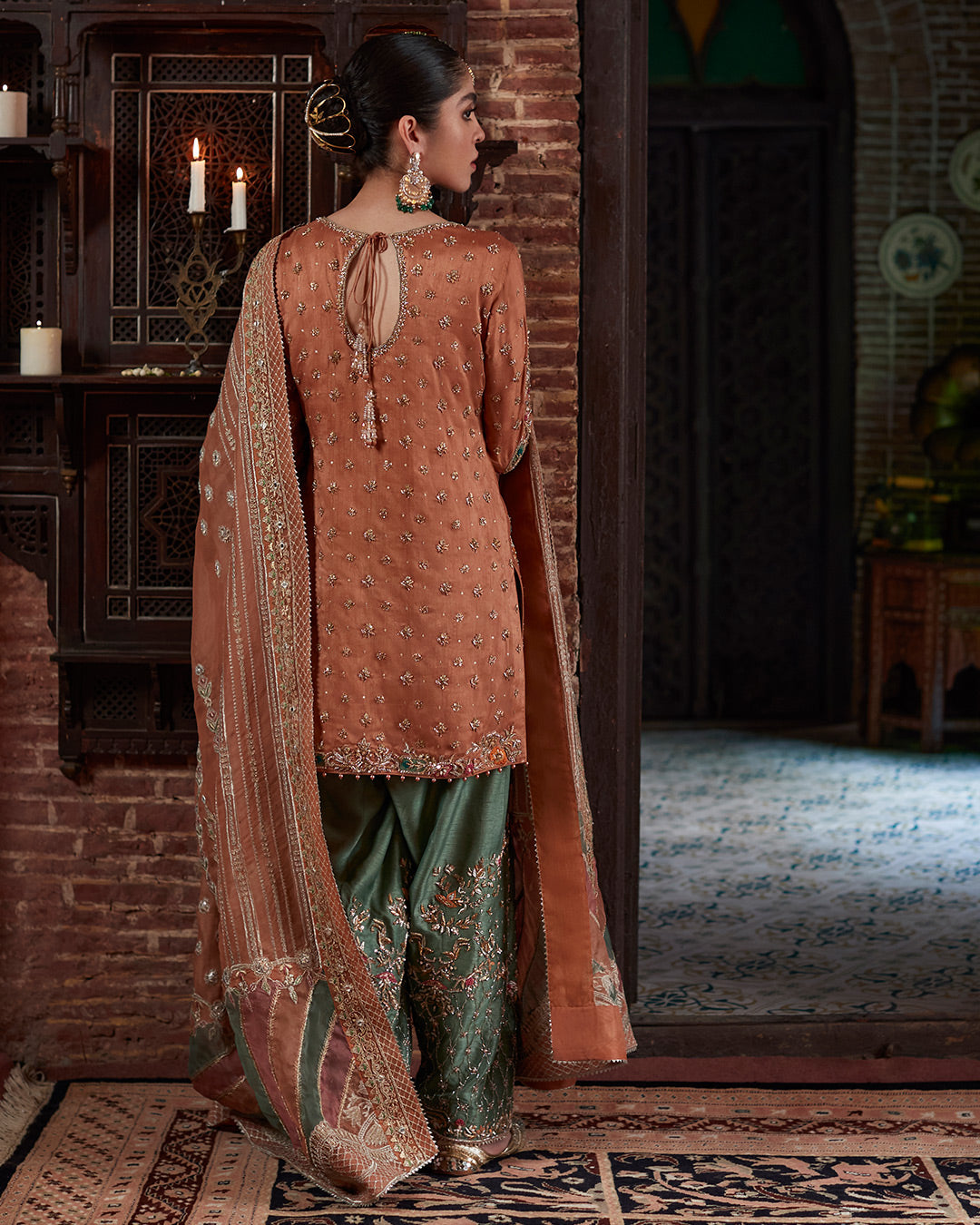 Pakistani Rust Orange Embroidered Korean Raw Silk Salwar Kameez (3-Piece) - Image 3
