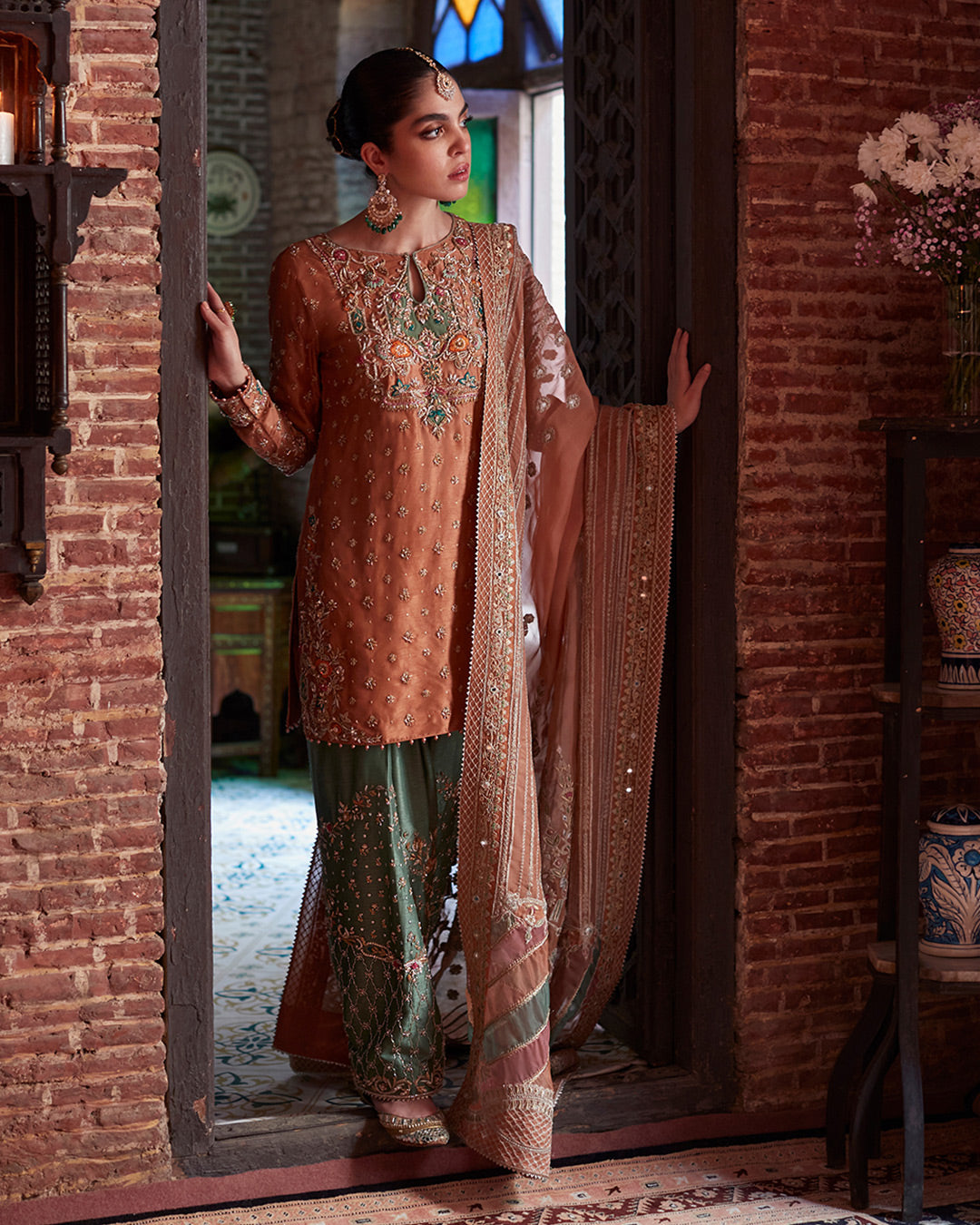 Pakistani Rust Orange & Green Embellished Silk Kameez Shalwar (3-Piece) - Image 1