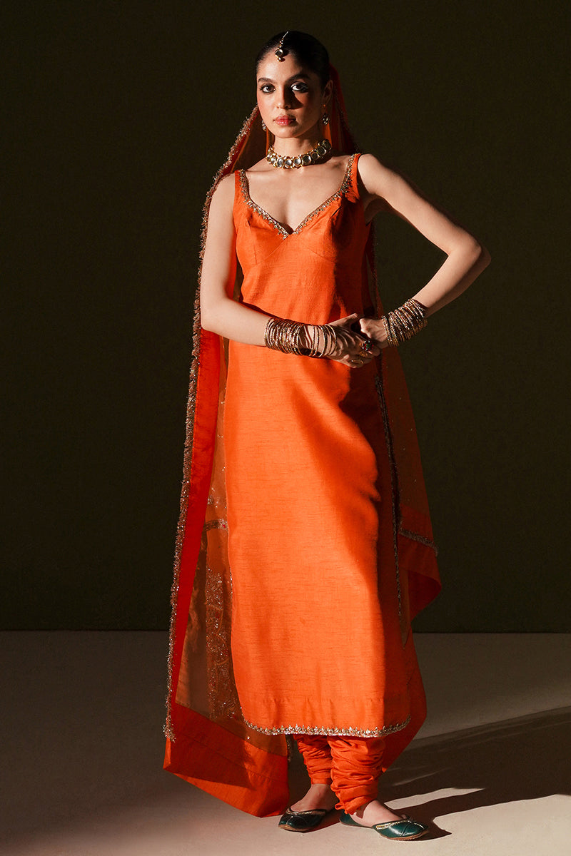 Pakistani Orange Gota Nakashi Korean Silk Chooridaar (3-Piece) - Image 1