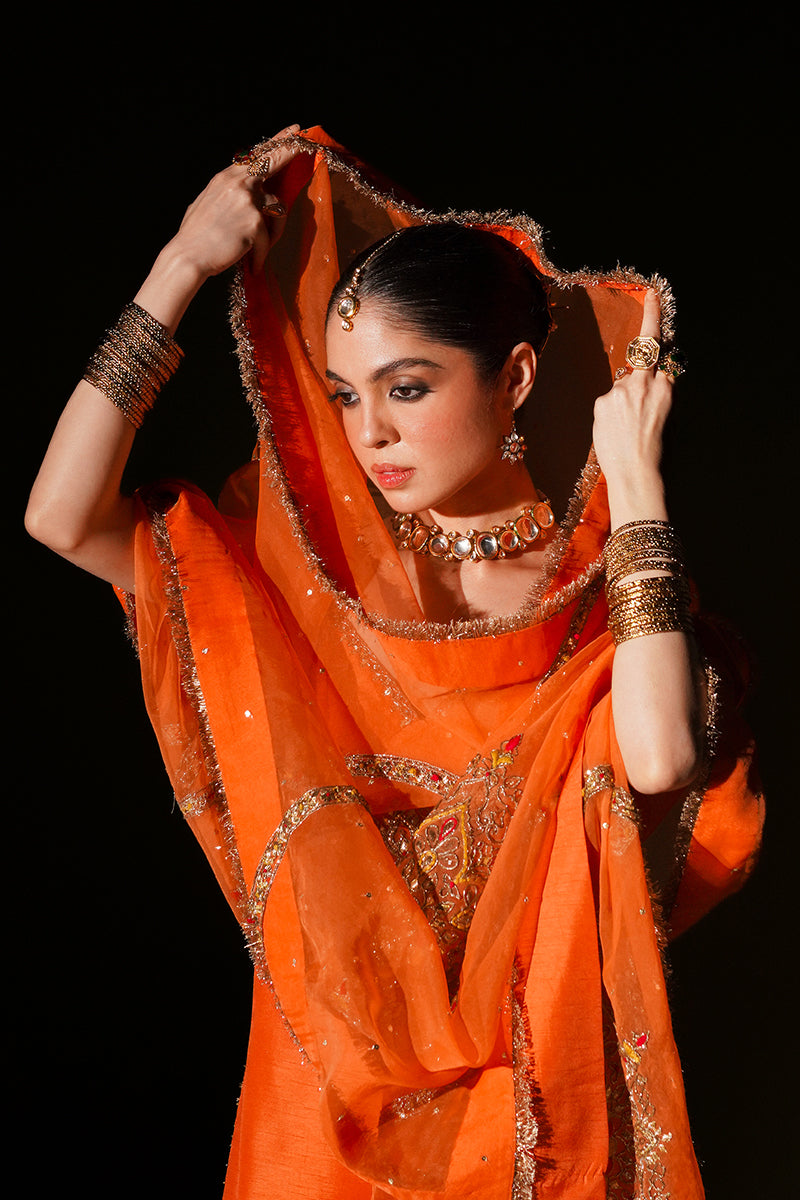 Pakistani Orange Gota Nakashi Korean Silk Chooridaar (3-Piece) - Image 2