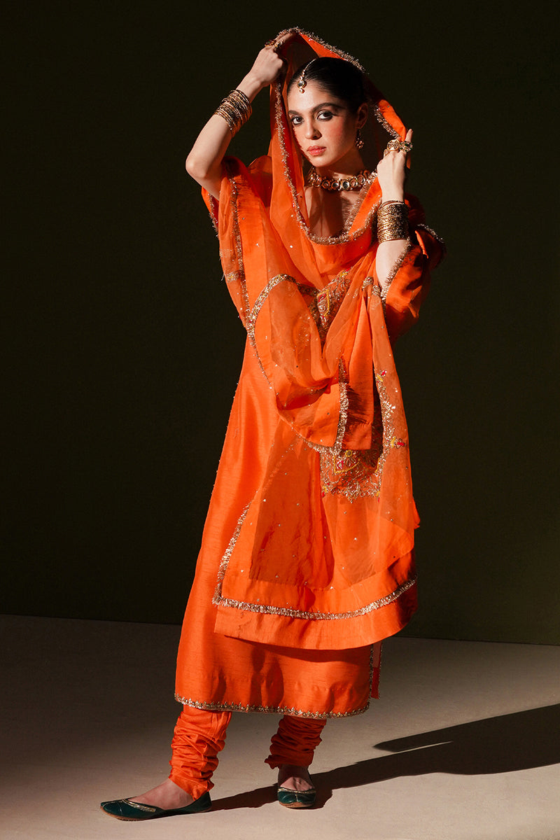 Pakistani Orange Gota Nakashi Korean Silk Chooridaar (3-Piece) - Image 3
