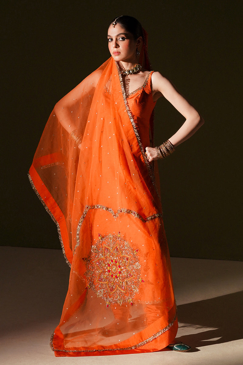 Pakistani Orange Gota Nakashi Korean Silk Chooridaar (3-Piece) - Image 4