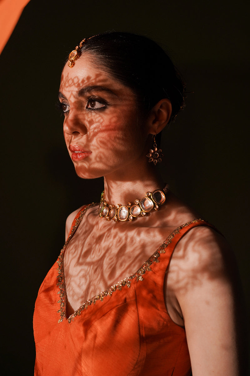 Pakistani Orange Gota Nakashi Korean Silk Chooridaar (3-Piece) - Image 5