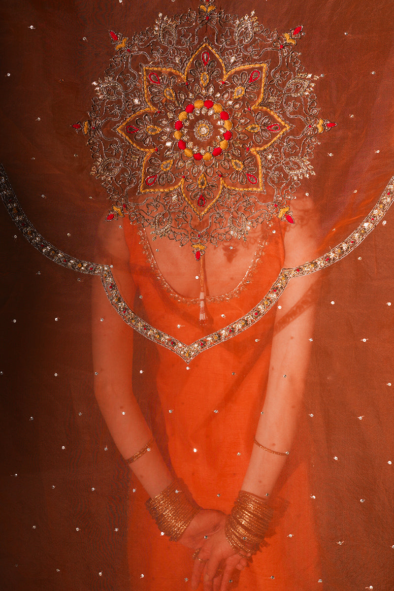 Pakistani Orange Gota Nakashi Korean Silk Chooridaar (3-Piece) - Image 6