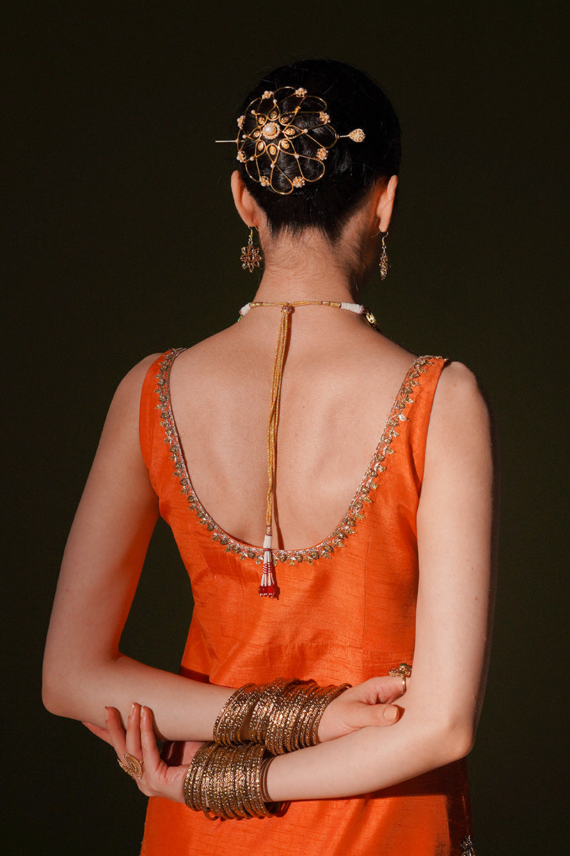 Pakistani Orange Gota Nakashi Korean Silk Chooridaar (3-Piece) - Image 7