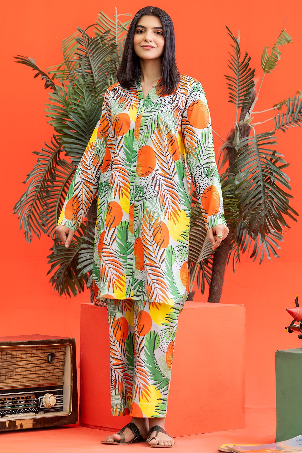 Orange & Green Digital Printed Lawn Salwar Kameez (2-Piece) - Image 1