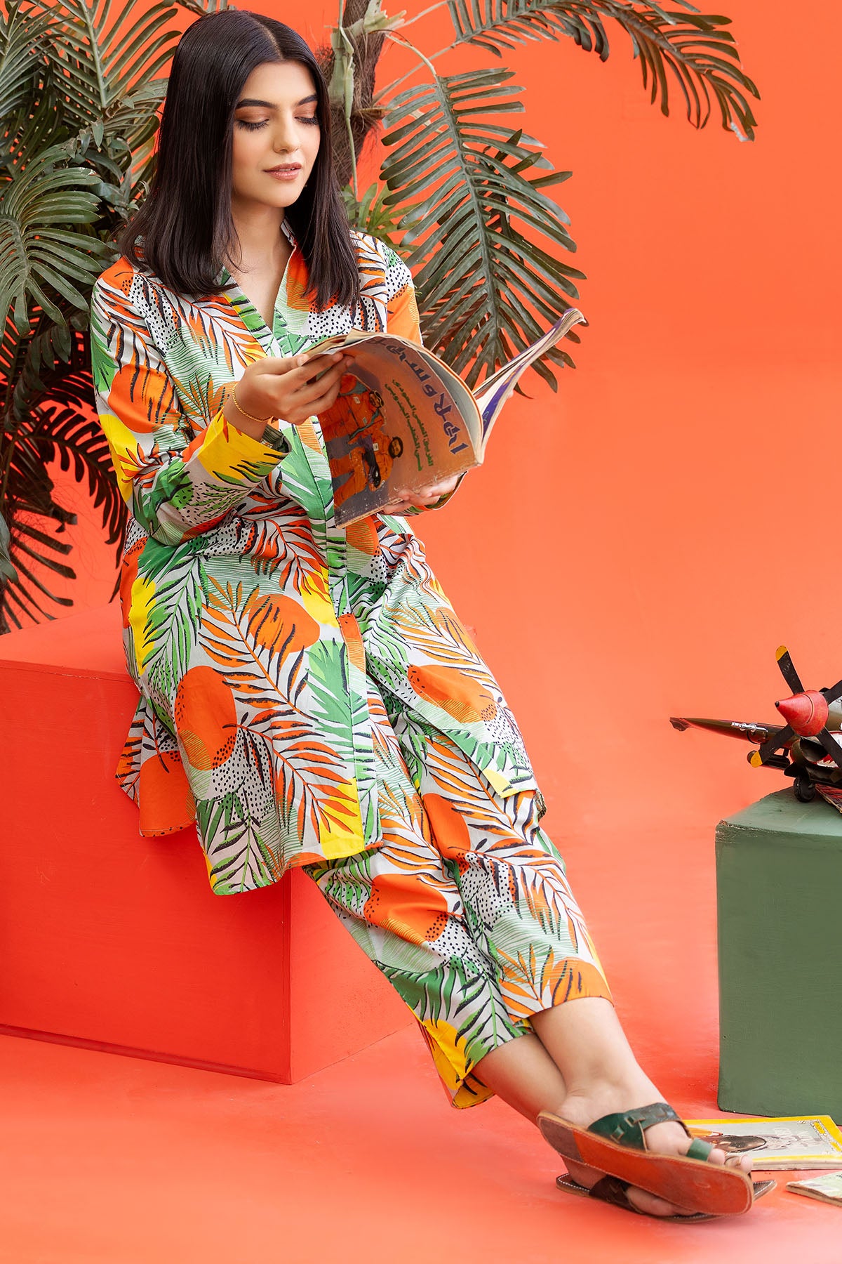 Orange & Green Digital Printed Lawn Salwar Kameez (2-Piece) - Image 2