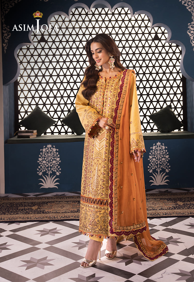 Pakistani Ochre Embroidered Lawn & Chiffon 3-Piece Suit - Image 1