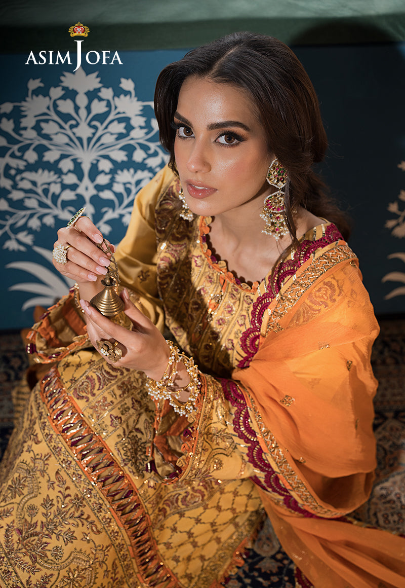 Pakistani Ochre Embroidered Lawn & Chiffon 3-Piece Suit - Image 10