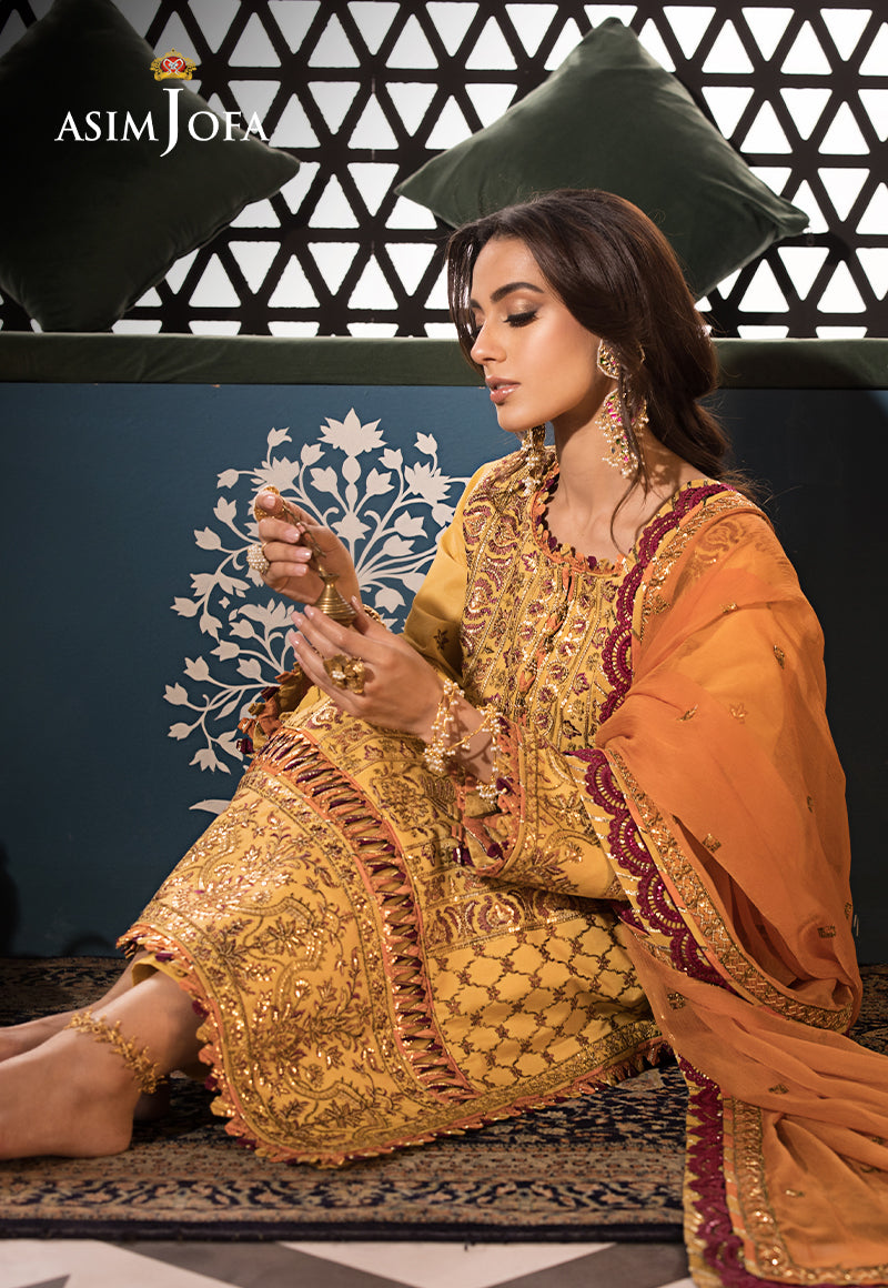 Pakistani Ochre Embroidered Lawn & Chiffon 3-Piece Suit - Image 11