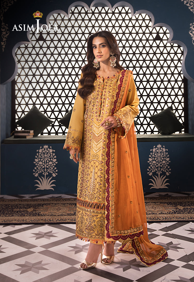 Pakistani Ochre Embroidered Lawn & Chiffon 3-Piece Suit - Image 2
