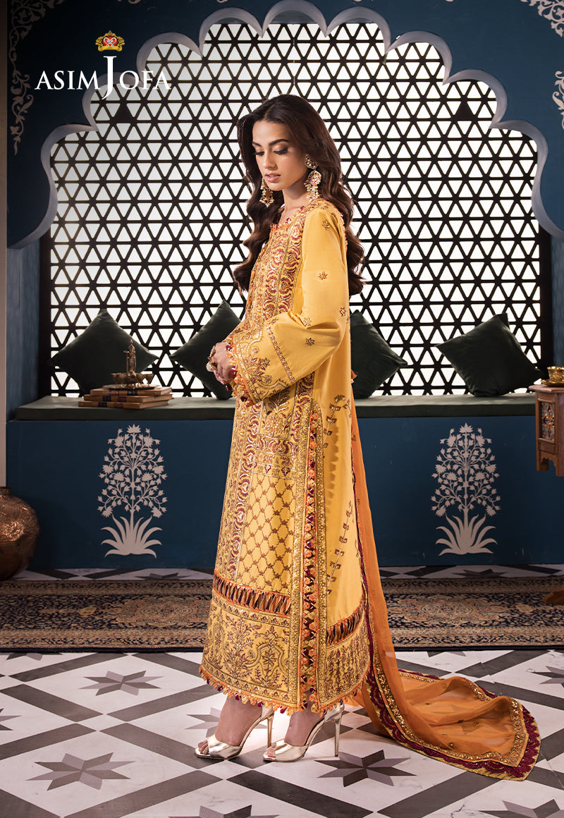 Pakistani Ochre Embroidered Lawn & Chiffon 3-Piece Suit - Image 4