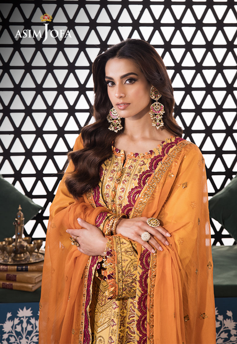 Pakistani Ochre Embroidered Lawn & Chiffon 3-Piece Suit - Image 5