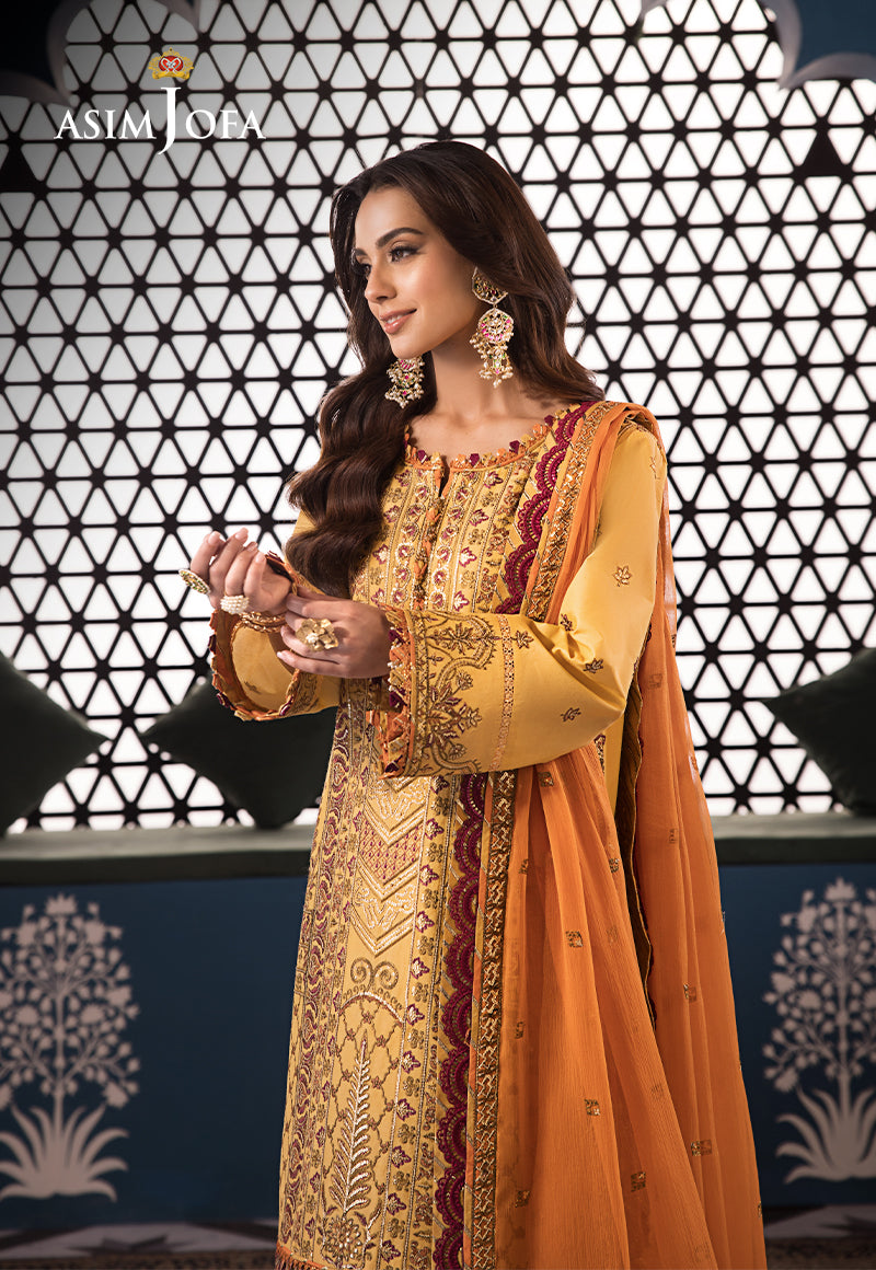 Pakistani Ochre Embroidered Lawn & Chiffon 3-Piece Suit - Image 6