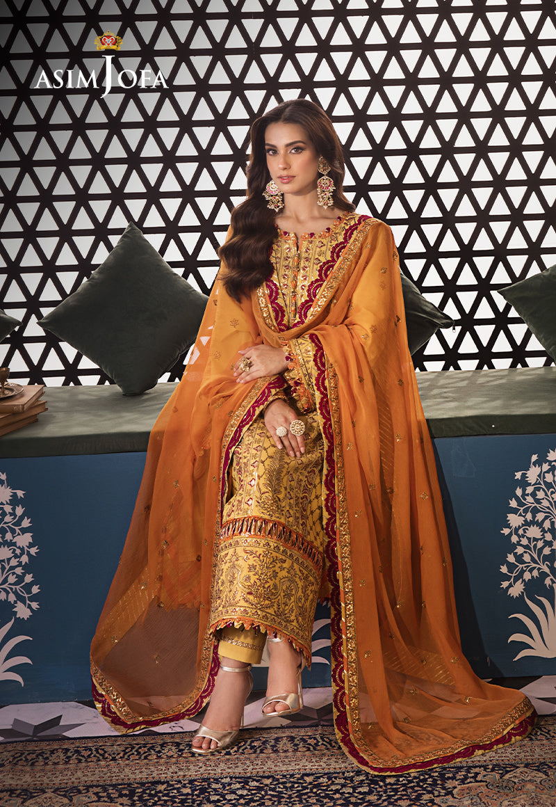 Pakistani Ochre Embroidered Lawn & Chiffon 3-Piece Suit - Image 7