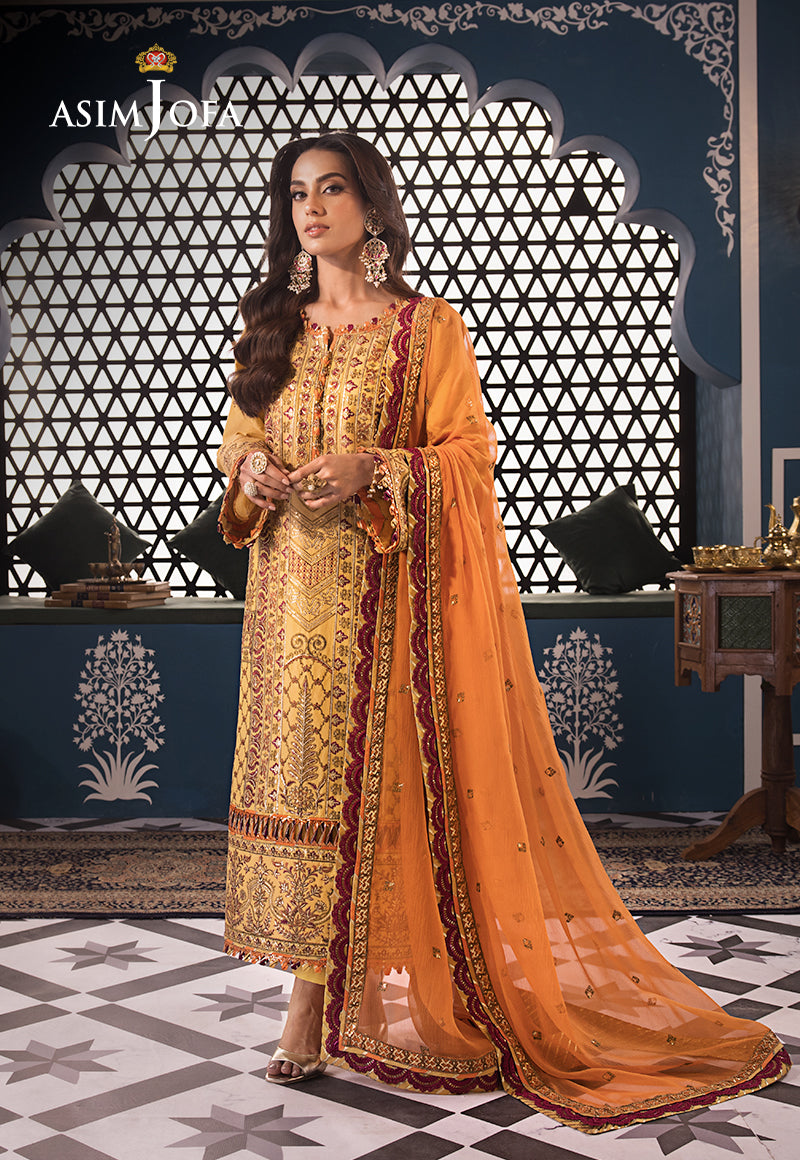 Pakistani Ochre Embroidered Lawn & Chiffon 3-Piece Suit - Image 8