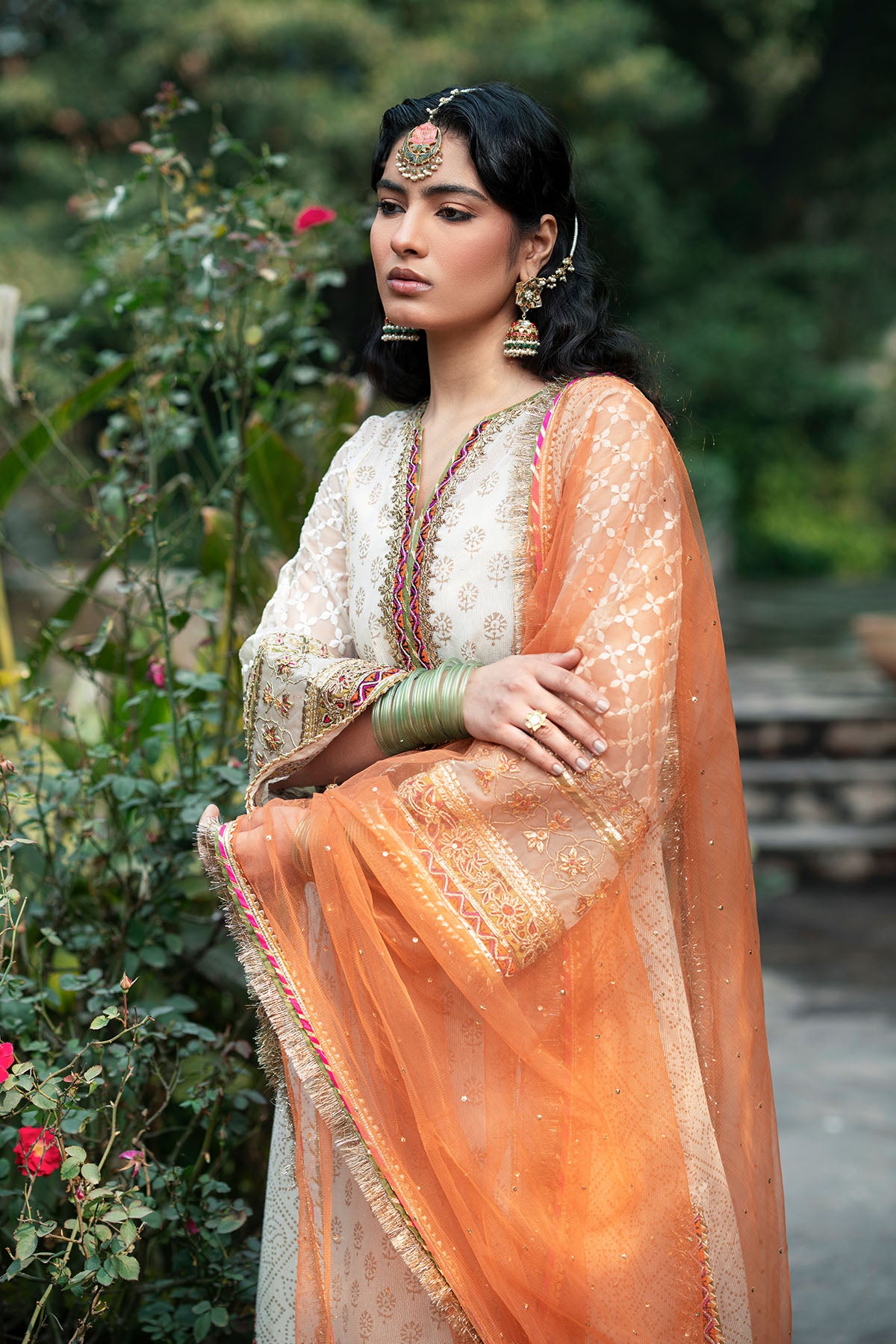 Orange Gota Embroidered Net Dupatta (3-Piece) - Image 1