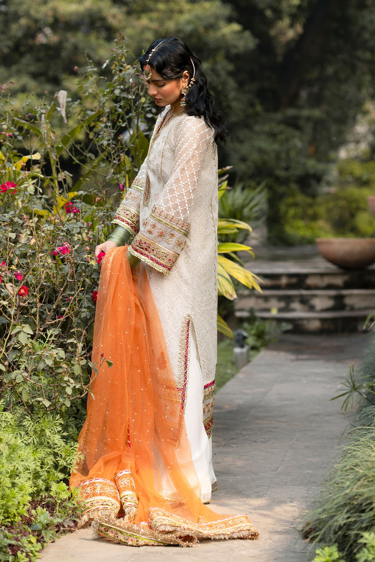 Orange Gota Embroidered Net Dupatta (3-Piece) - Image 2