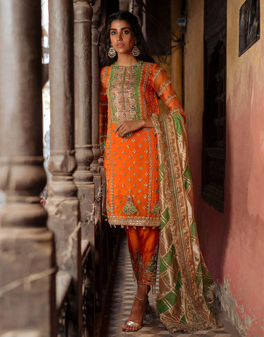 Pakistani Orange Embellished Organza & Raw Silk Salwar Kameez (3-Piece) - Image 1