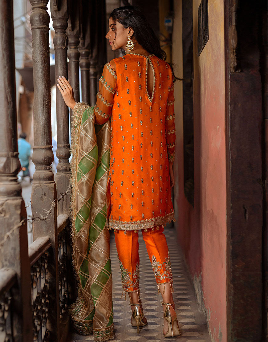 Pakistani Orange Embellished Organza & Raw Silk Salwar Kameez (3-Piece) - Image 3