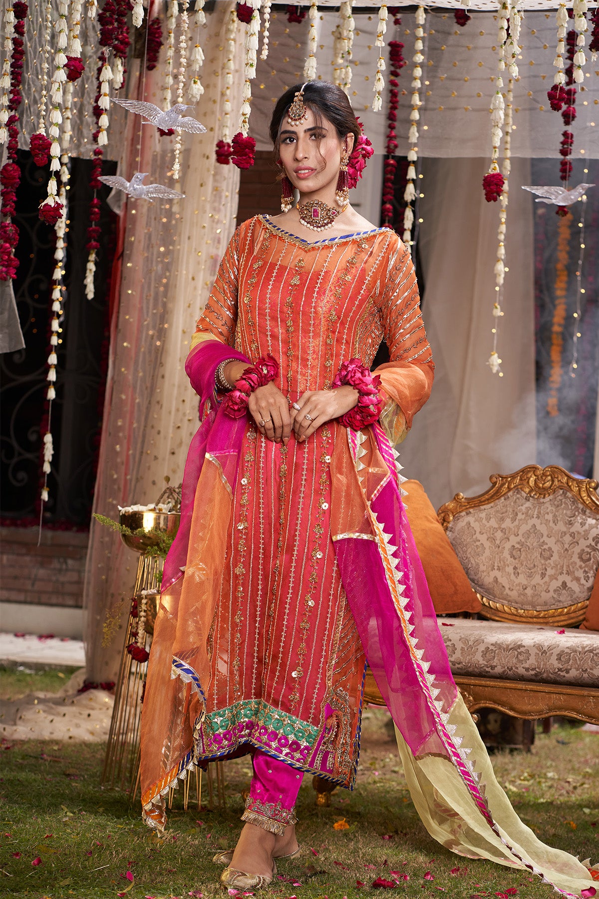 Pakistani Orange Embroidered Organza Salwar Kameez (3-Piece) - Image 1