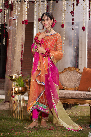 Pakistani Orange Embroidered Organza Salwar Kameez (3-Piece) - Image 4