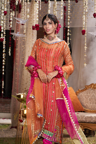 Pakistani Orange Embroidered Organza Salwar Kameez (3-Piece) - Image 5