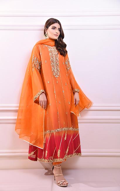 Pakistani Orange Embellished Pure Organza Salwar Kameez (3-Piece) - Image 1