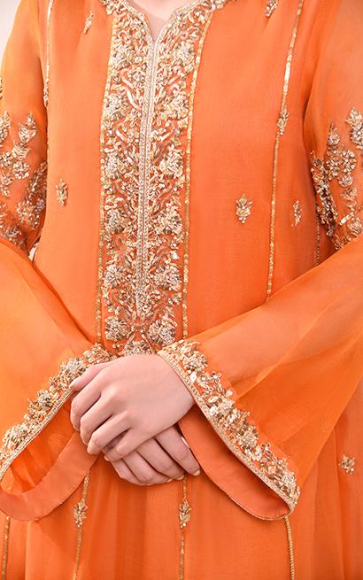 Pakistani Orange Embellished Pure Organza Salwar Kameez (3-Piece) - Image 2