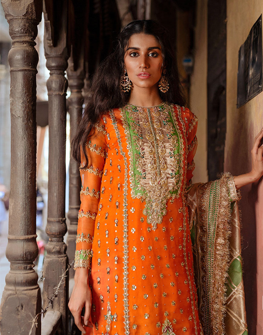 Orange Embellished Organza & Raw Silk Salwar Kameez (3-Piece) - Image 2