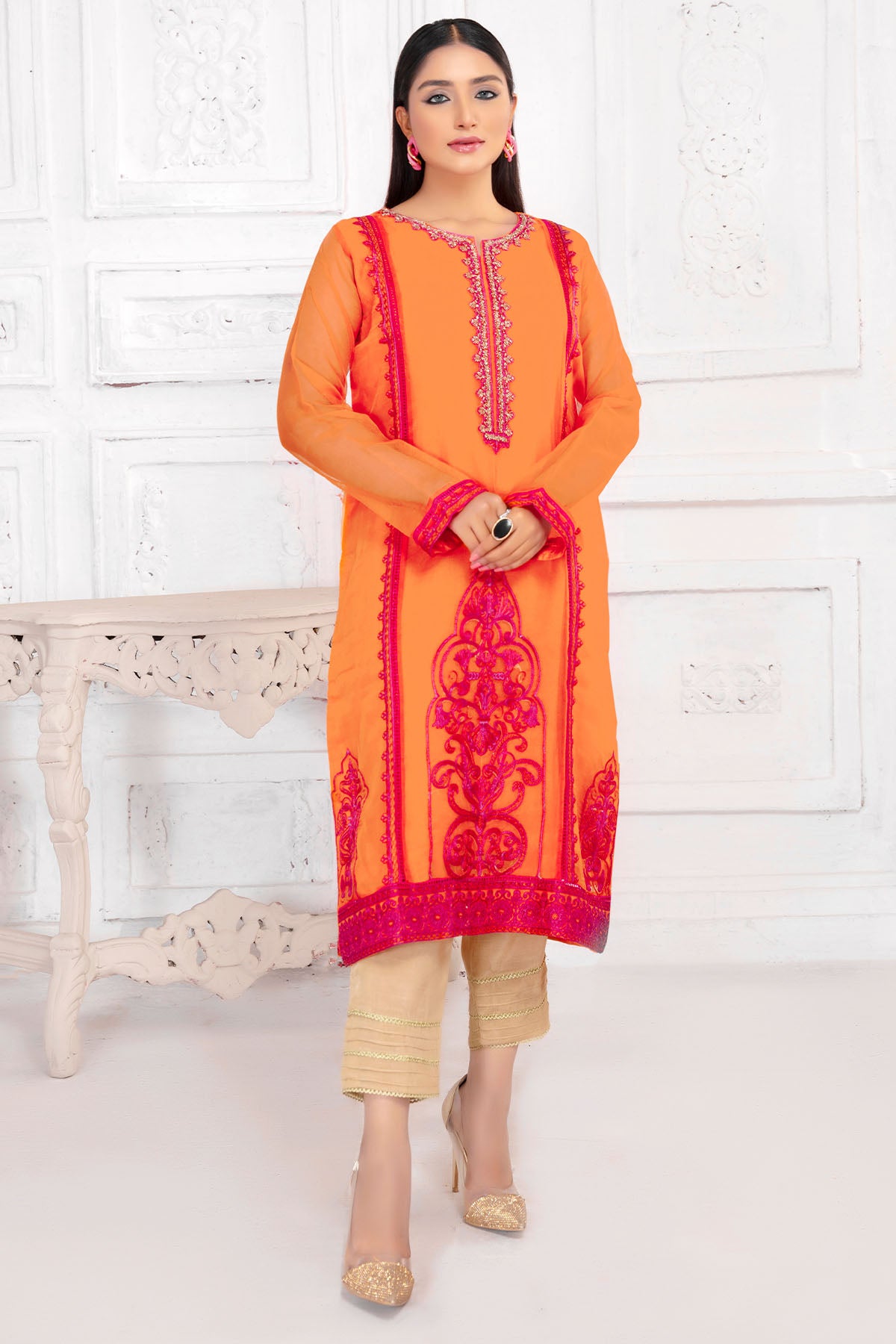 Pakistani Orange Hand-Embellished Organza Salwar Kameez (2-Piece) - Image 1