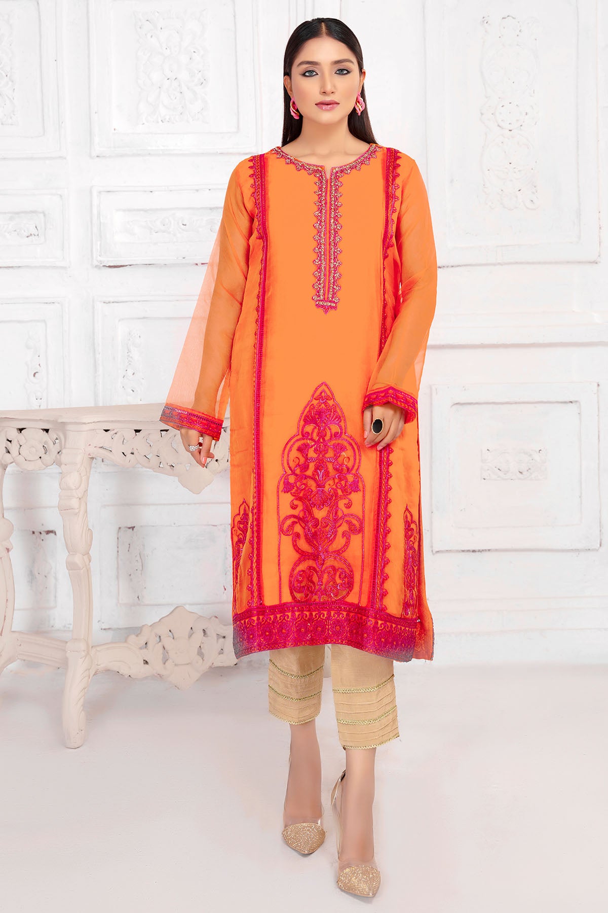 Pakistani Orange Hand-Embellished Organza Salwar Kameez (2-Piece) - Image 2