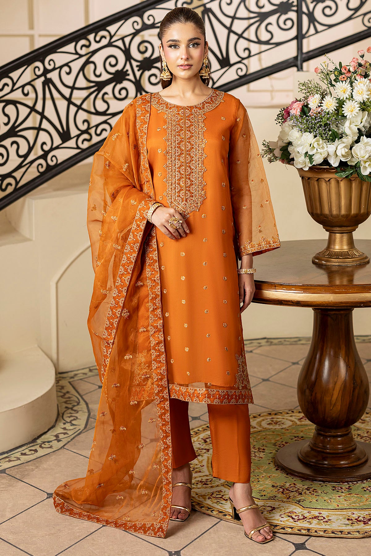 Burnt Orange Embroidered Organza 3-Piece Suit - Image 1
