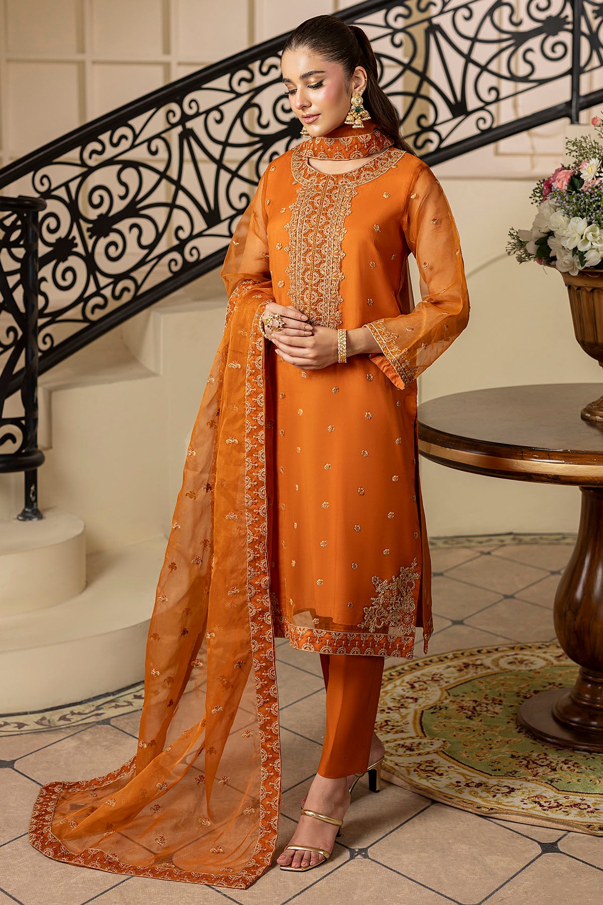 Burnt Orange Embroidered Organza 3-Piece Suit - Image 2