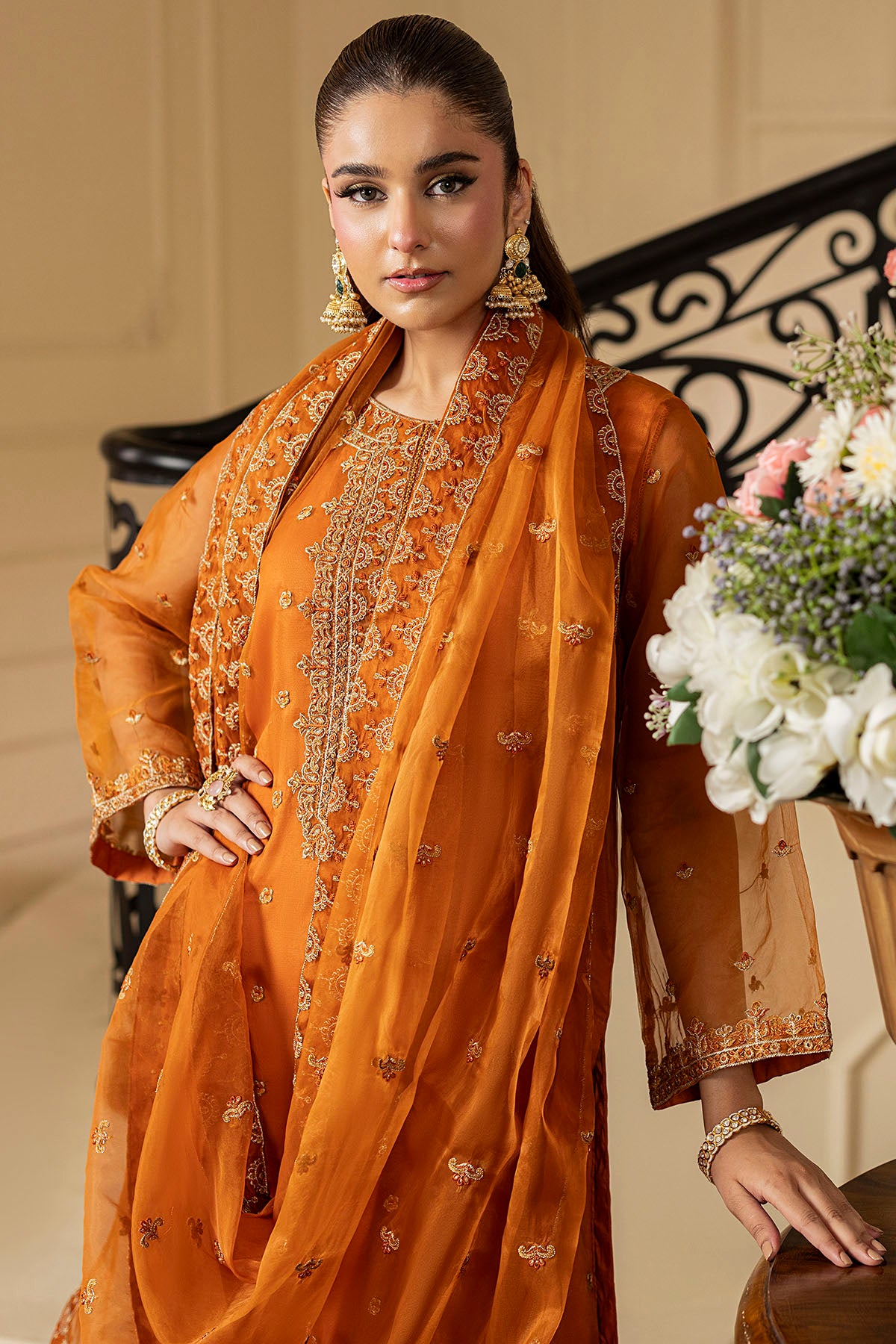 Burnt Orange Embroidered Organza 3-Piece Suit - Image 3