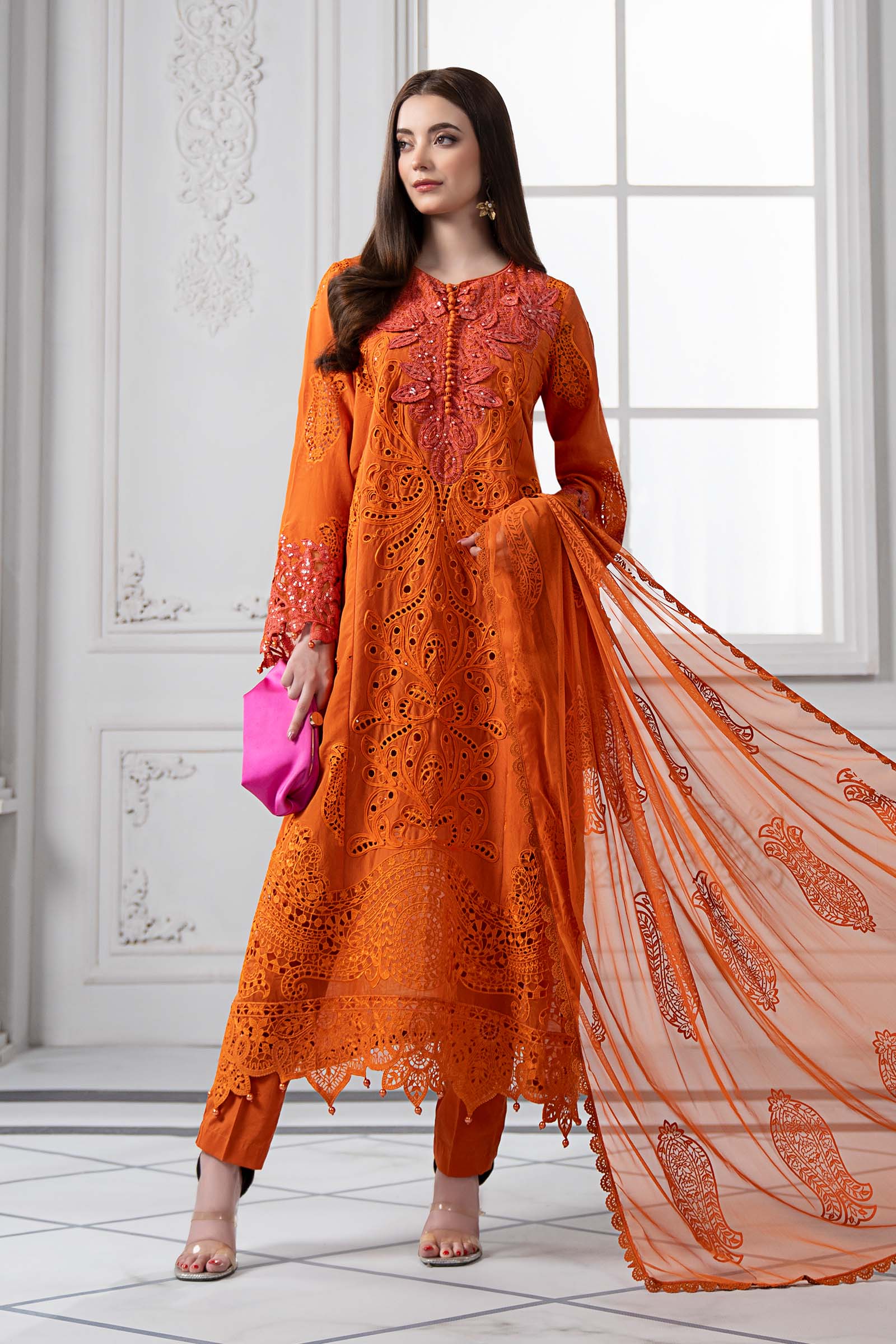 Orange Embroidered Paper Cotton 3-Piece Suit - Image 1