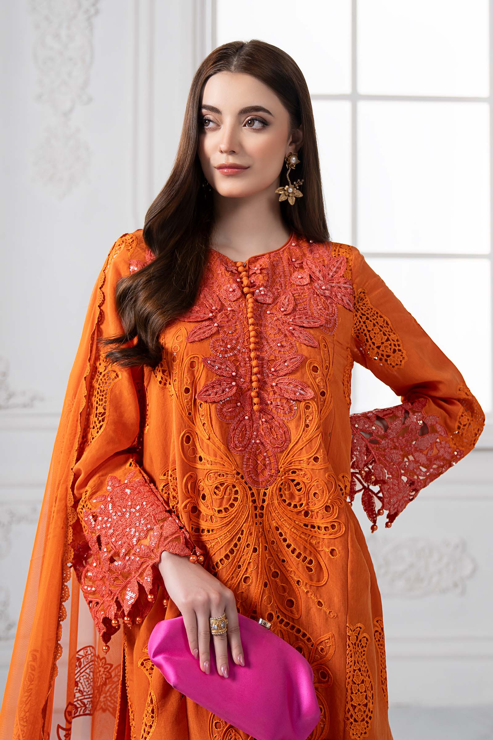 Orange Embroidered Paper Cotton 3-Piece Suit - Image 3