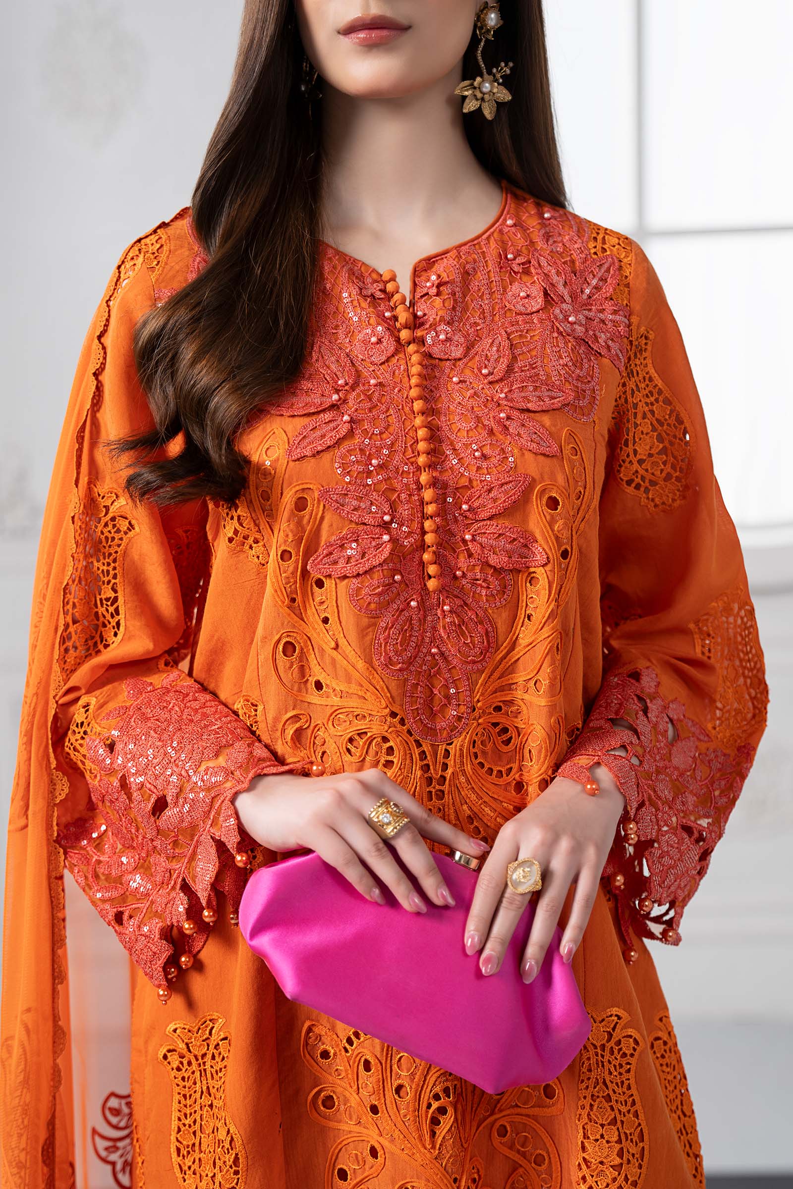 Orange Embroidered Paper Cotton 3-Piece Suit - Image 4