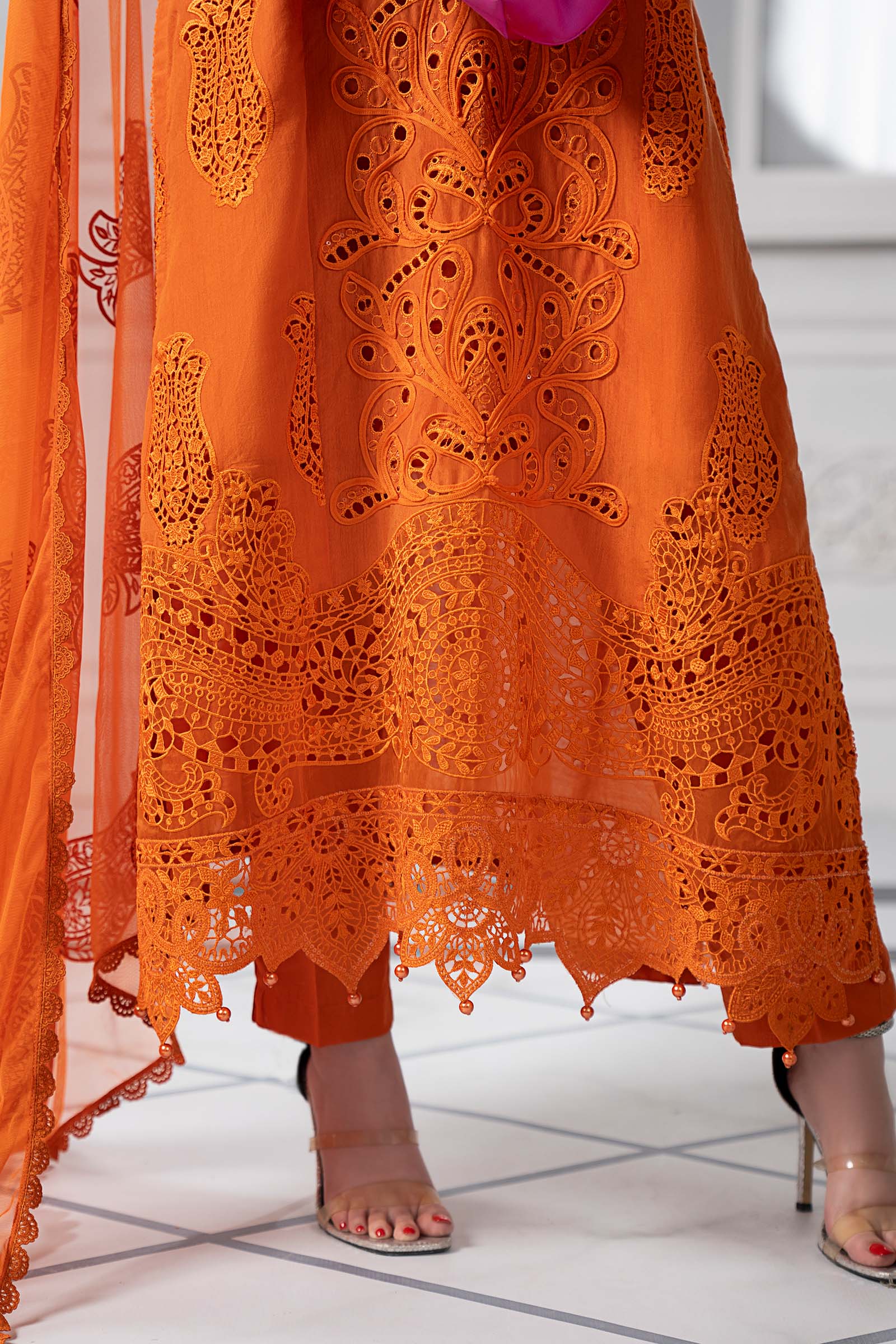 Orange Embroidered Paper Cotton 3-Piece Suit - Image 5